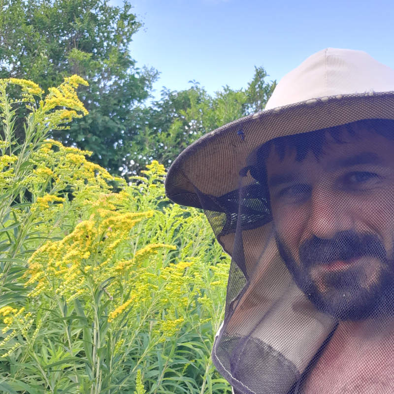 Rólam 6 Hegedűs Gábor méhész méhészkalapban a virágzó növények előtt.