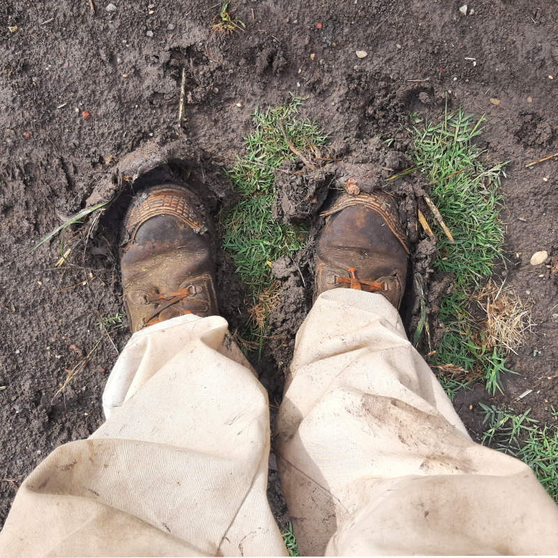 Rólam 7 Sárban megmerülő bakancsok egy méhészruhába öltözött ember lábán.
